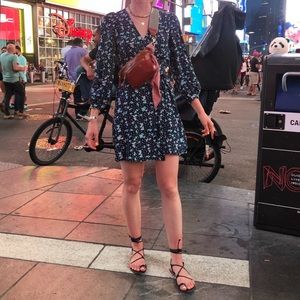 & other stories atelier blue floral wrap dress with puff sleeves